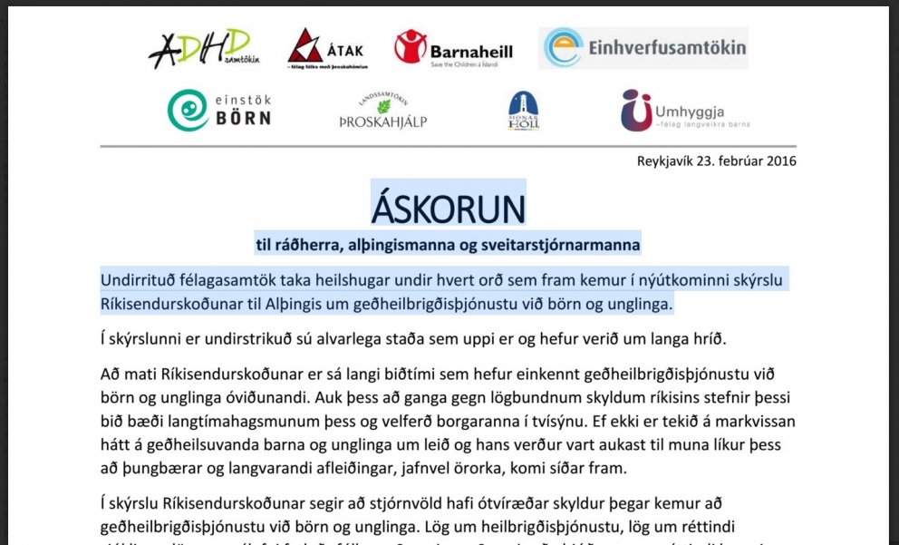 Áskorun til ráðherra, alþingismanna og sveitarstjórnarmanna